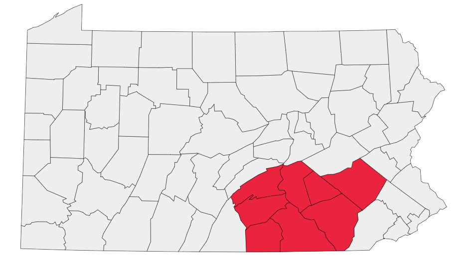 Map of Pennsylvania with a red highlight on the southeastern counties.
