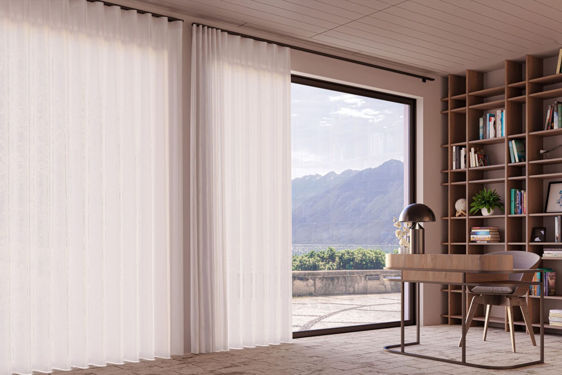 Un primo piano di una finestra con vista sull'oceano.