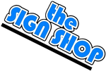 Signpost with graphic design services: vinyl decals, signs, and lettering. Blue, white, and gray. The Sign Shop.