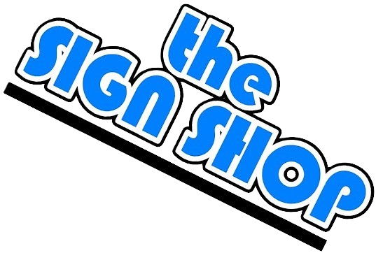 Signpost with graphic design services: vinyl decals, signs, and lettering. Blue, white, and gray. The Sign Shop.