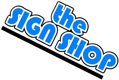 Signpost with graphic design services: vinyl decals, signs, and lettering. Blue, white, and gray. The Sign Shop.