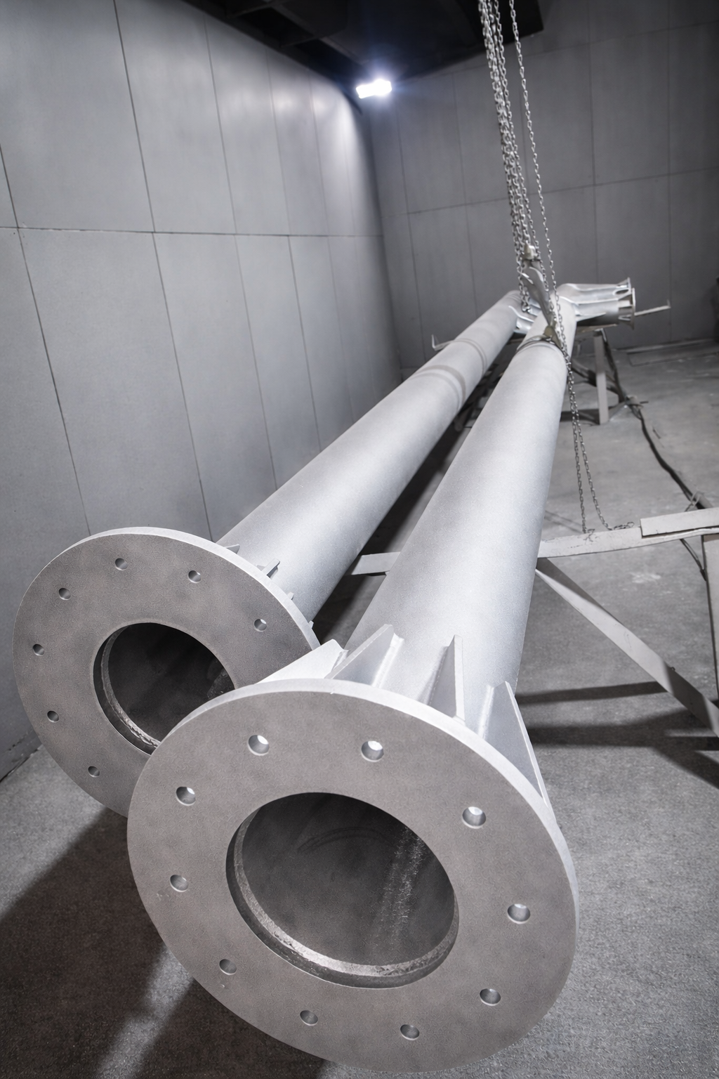 Dos largos postes metálicos de color beige, con bridas circulares, colgados en un espacio industrial poco iluminado.