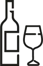 A bottle of wine and a wine glass icon on a white background.