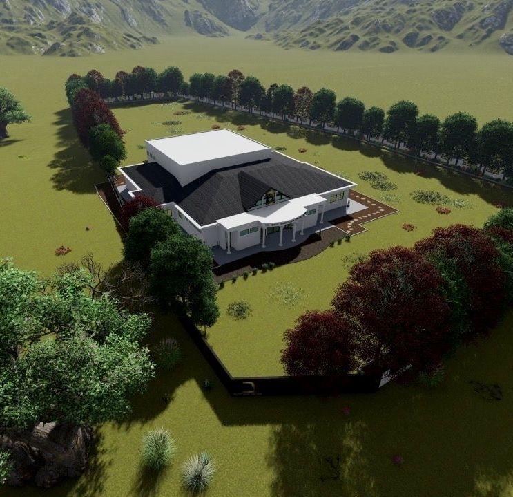 An aerial view of a house surrounded by trees and grass