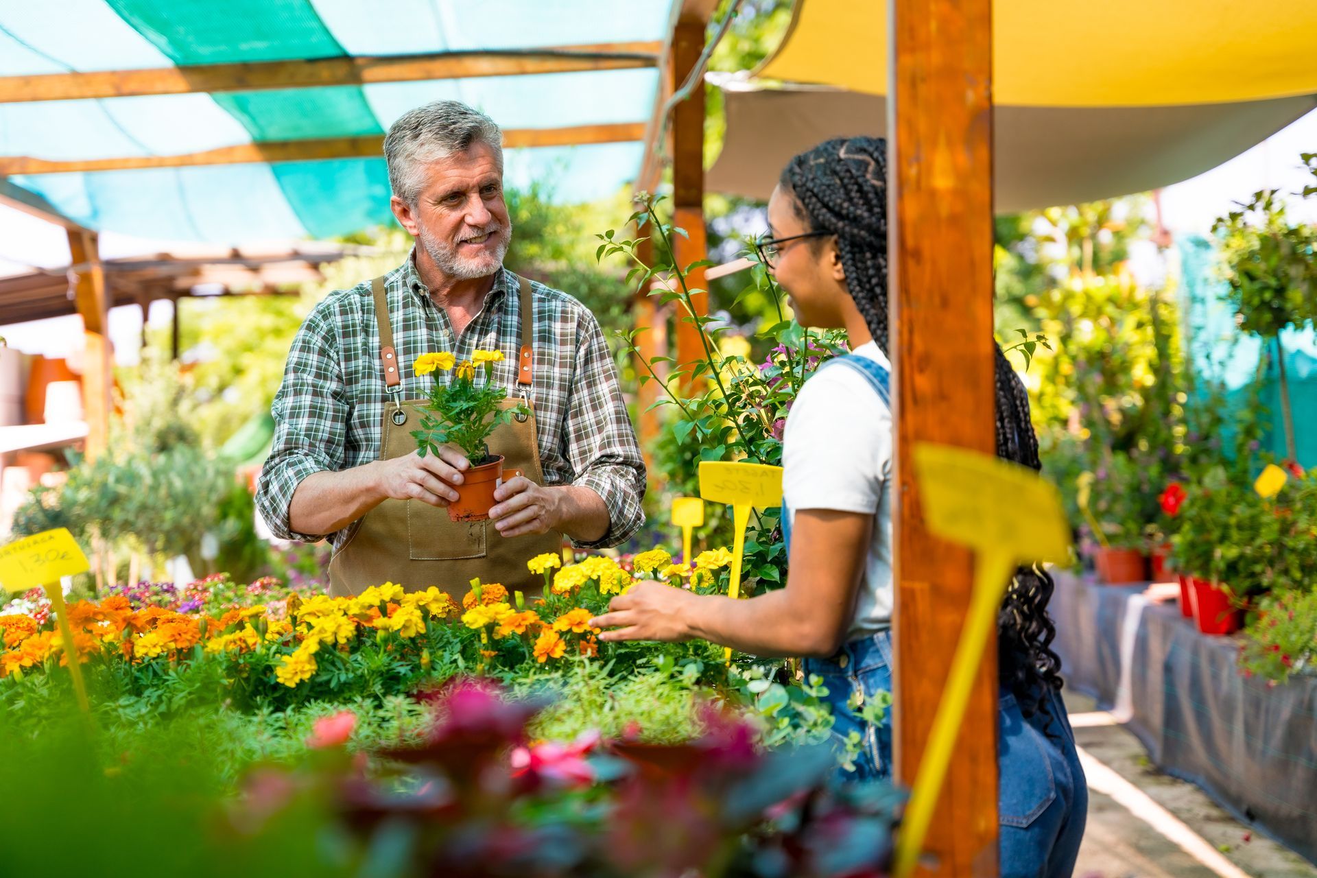 Cheerful woman buying yellow flowers from a gardener in a greenhouse nursery.
