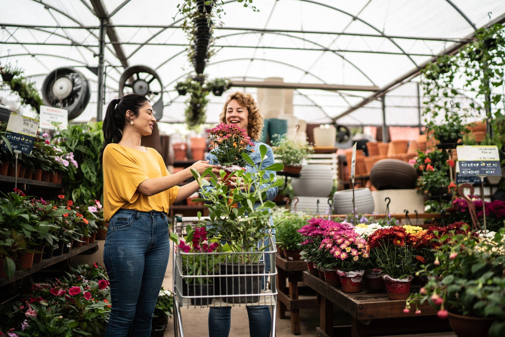 Two people shopping for plants in a greenhouse with various potted plants and gardening supplies.
