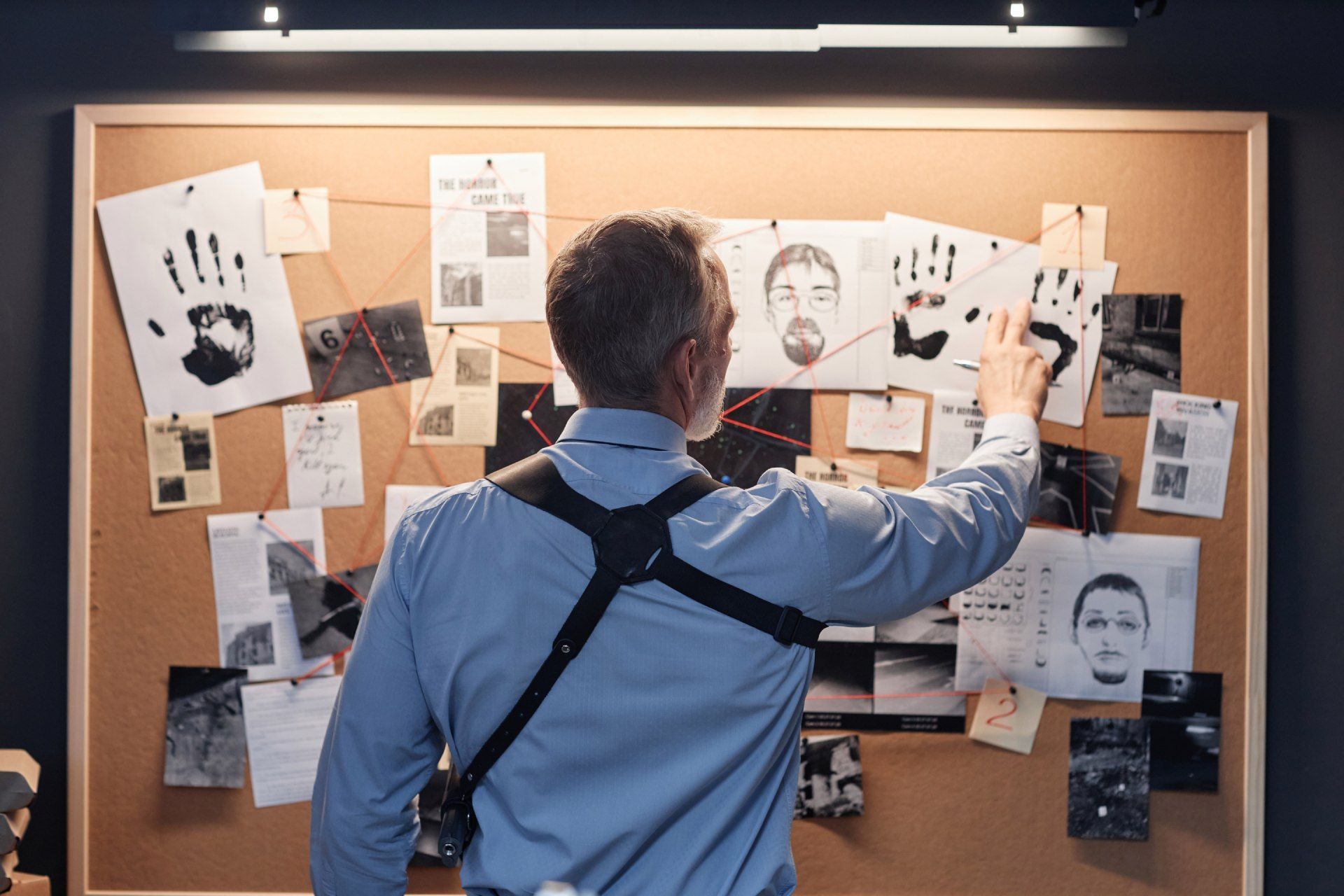 Detective examining a corkboard with clues, crime scene photos, and handprints, in a dimly lit room.