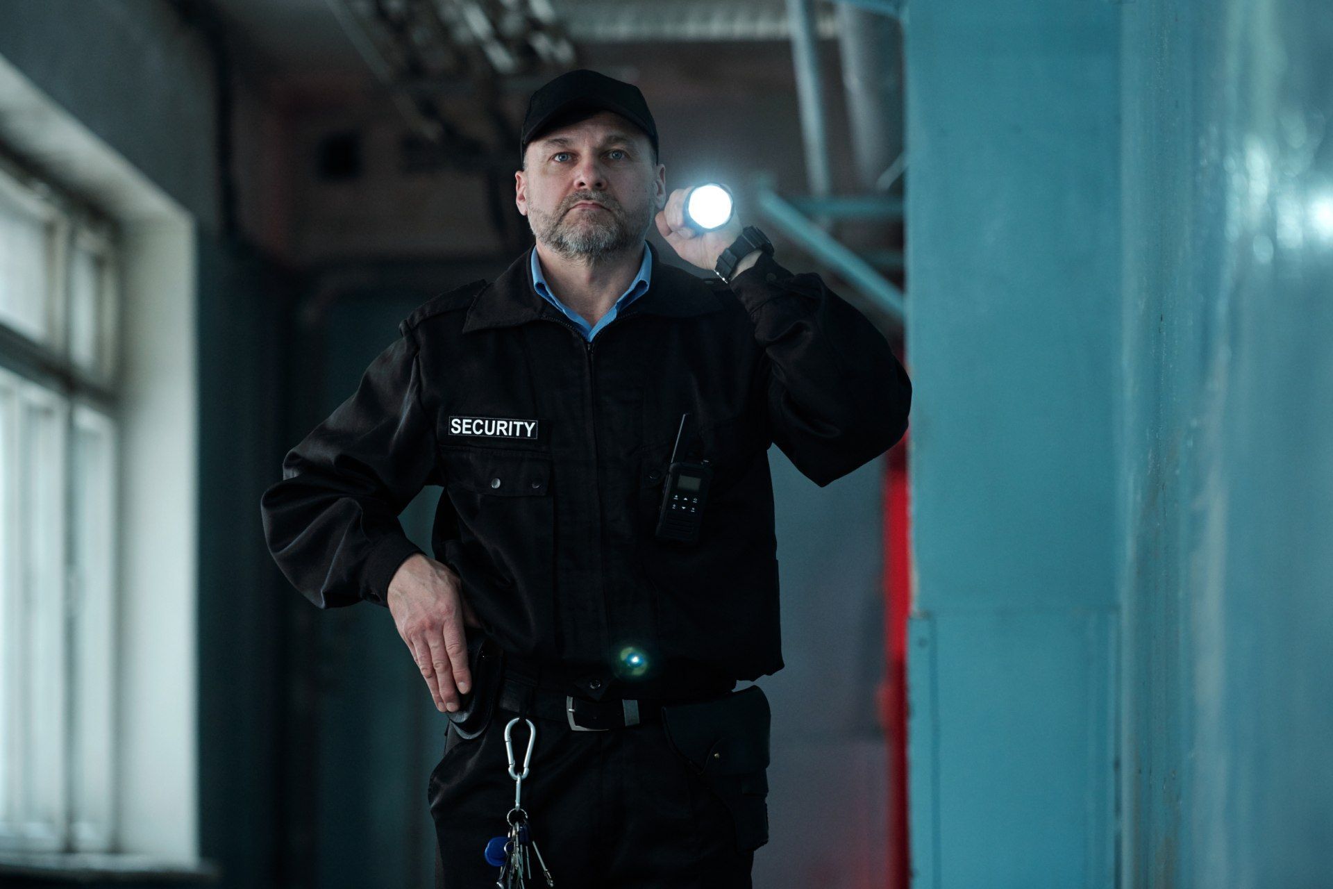 Security guard in black uniform and cap holding a flashlight, surveying a hallway.