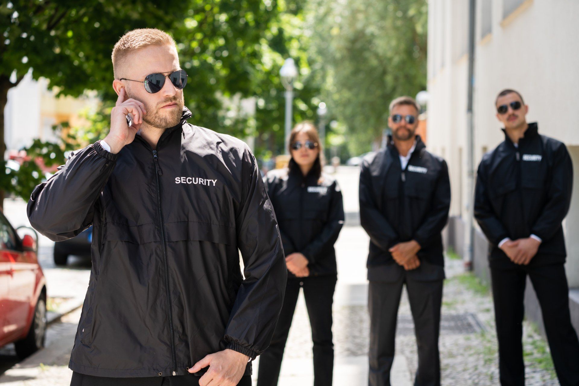 Security team standing outdoors, wearing black jackets and sunglasses. One is speaking into a headset.