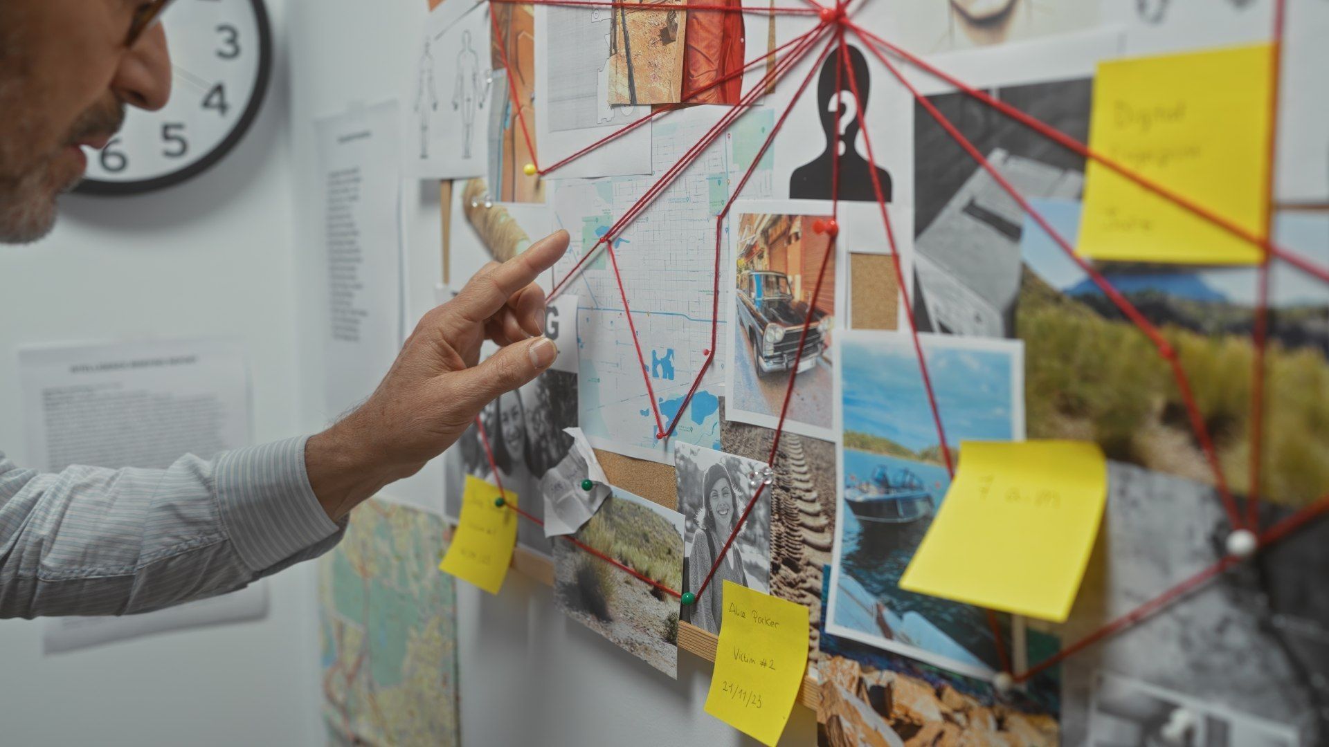 A detective pointing at a wall of evidence connected by red string. Various photos and notes are on display.