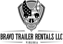Logo for Bravo Trailer Rentals LLC, featuring a stylized skull with American flag patterning inside a shield shape.