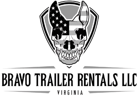 A black and white logo for Bravo Trailer Rentals LLC, featuring a shield with a stylized skull wearing an American flag.