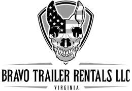 A black and white logo for Bravo Trailer Rentals LLC, featuring a shield with a stylized skull wearing an American flag.