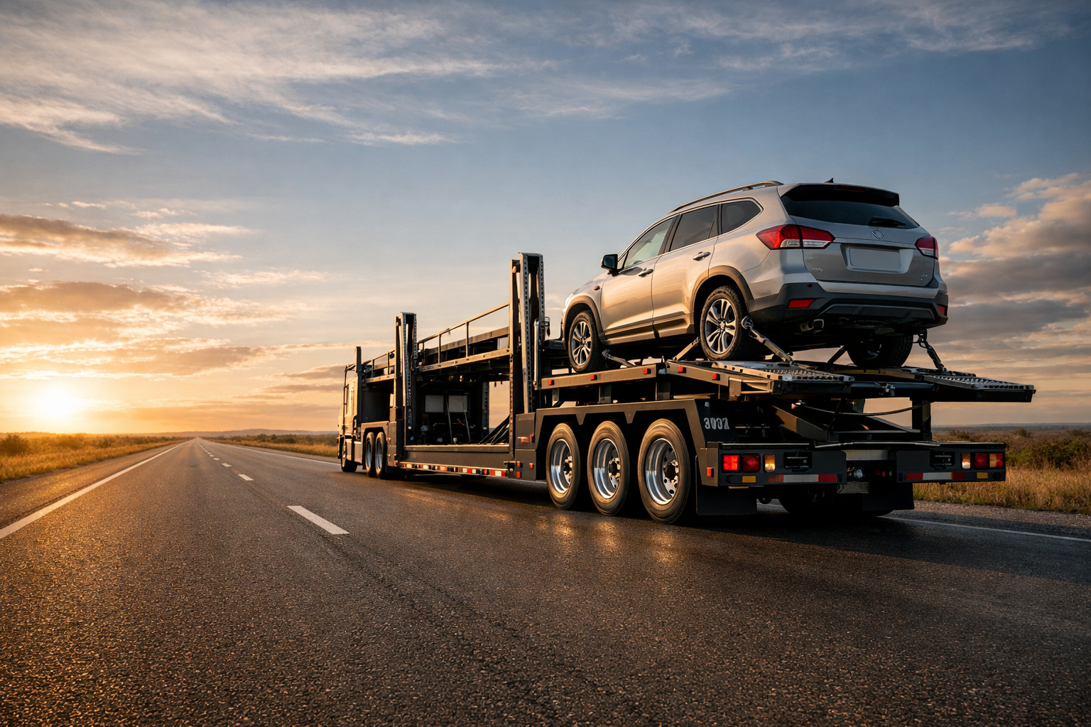 A silver SUV sits on a car carrier trailer driving down an open road during a scenic sunset.