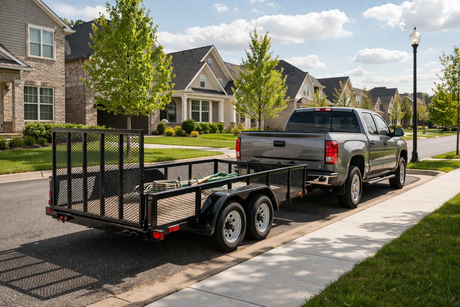 A grey pickup truck parked on a residential street, pulling an empty flatbed utility trailer with mesh side walls.