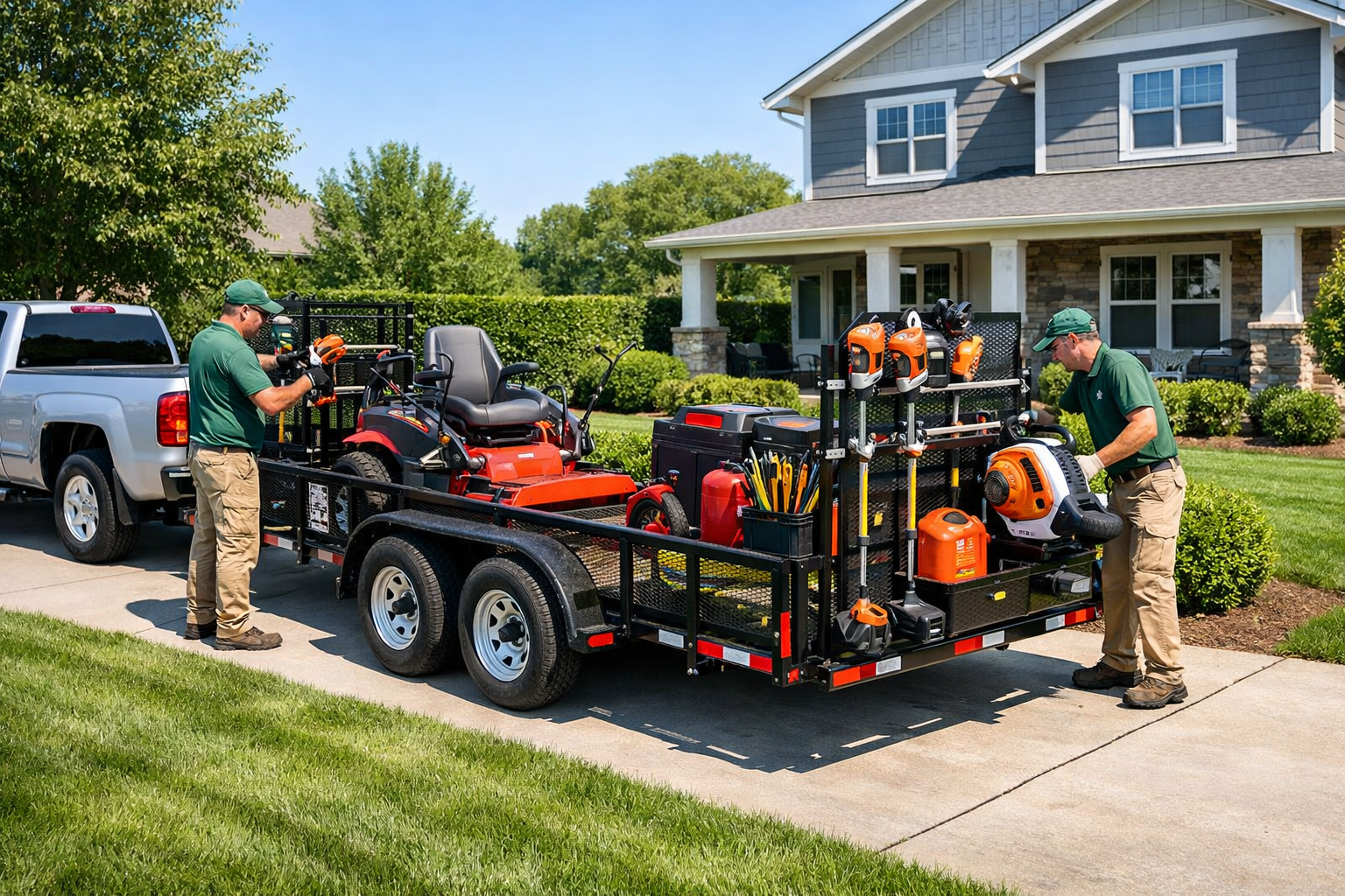 Two workers in uniforms unload landscaping equipment from a trailer parked on a residential driveway.