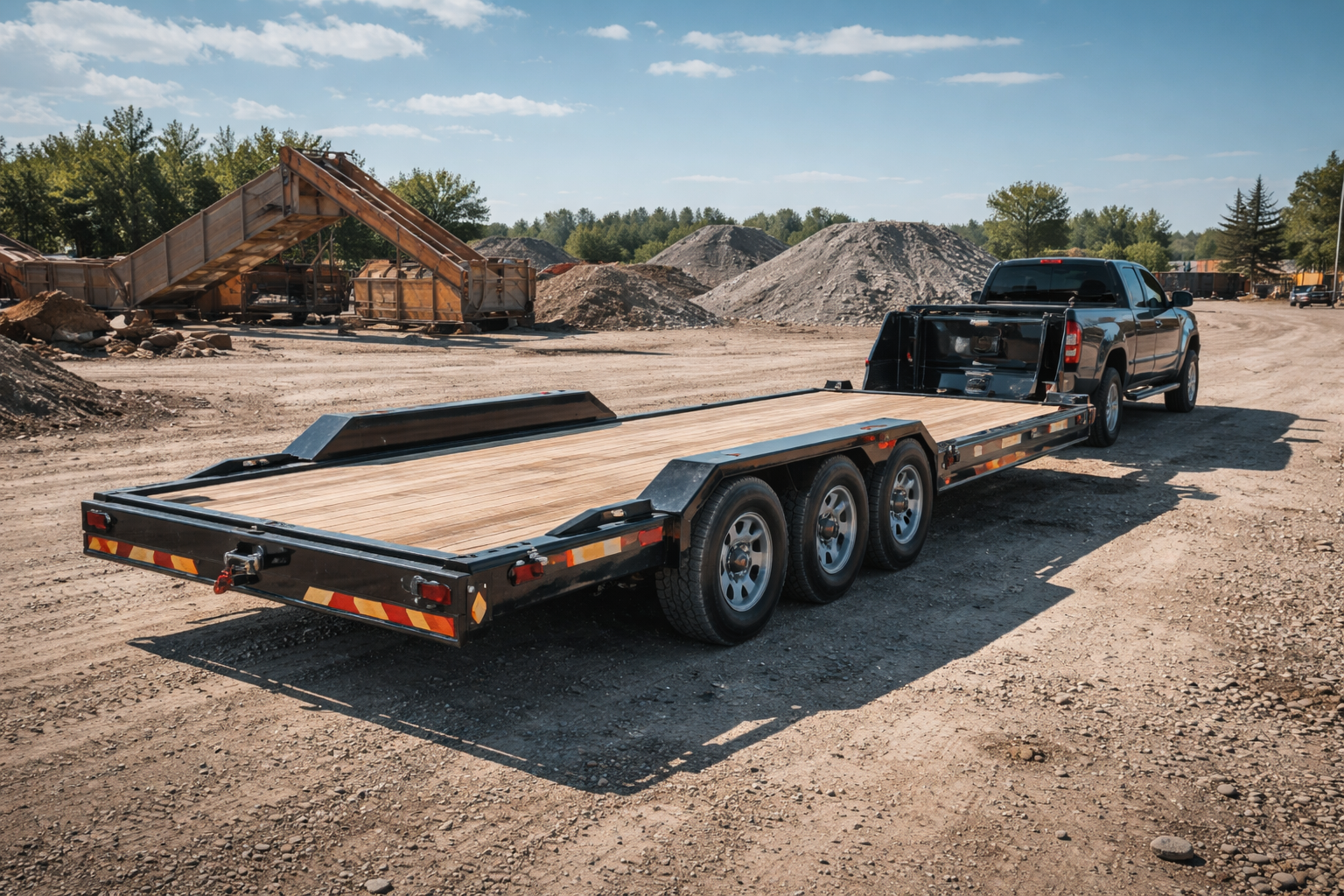 A black pickup truck pulling an empty flatbed trailer on a dirt construction site with piles of gravel in the background.