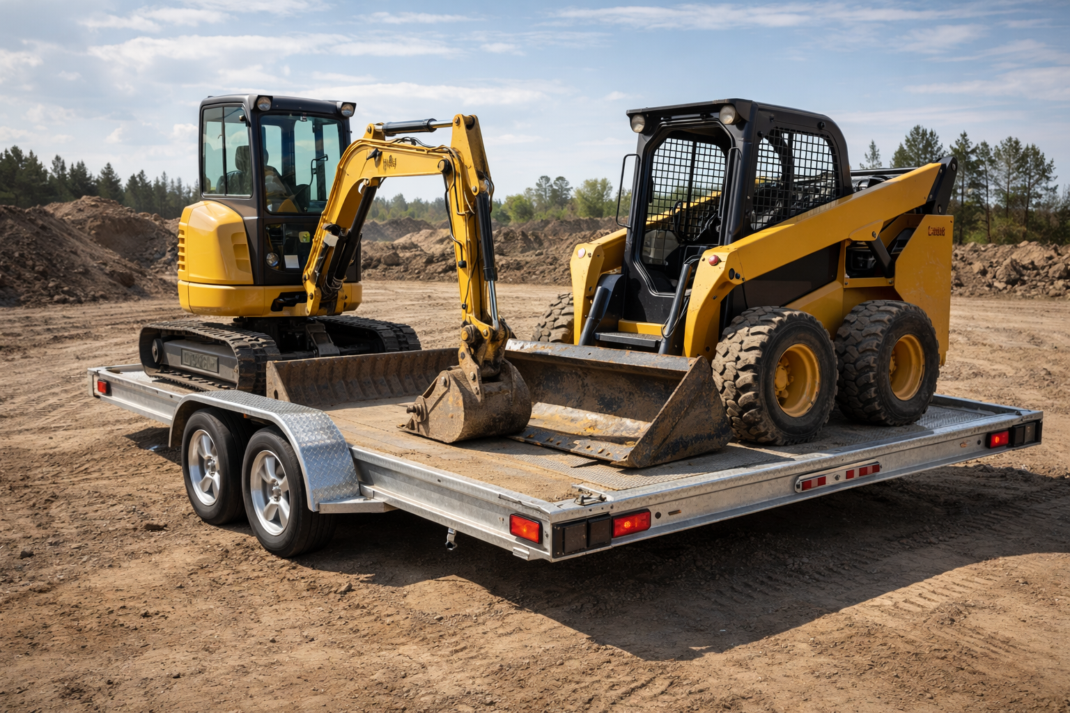 A yellow excavator and a yellow skid steer loader parked on a flatbed trailer in a dirt construction site.