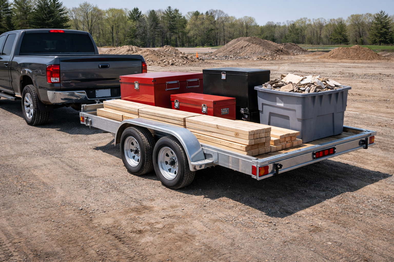 A grey pickup truck towing a flatbed trailer loaded with lumber, toolboxes, and a storage bin on a dirt lot.