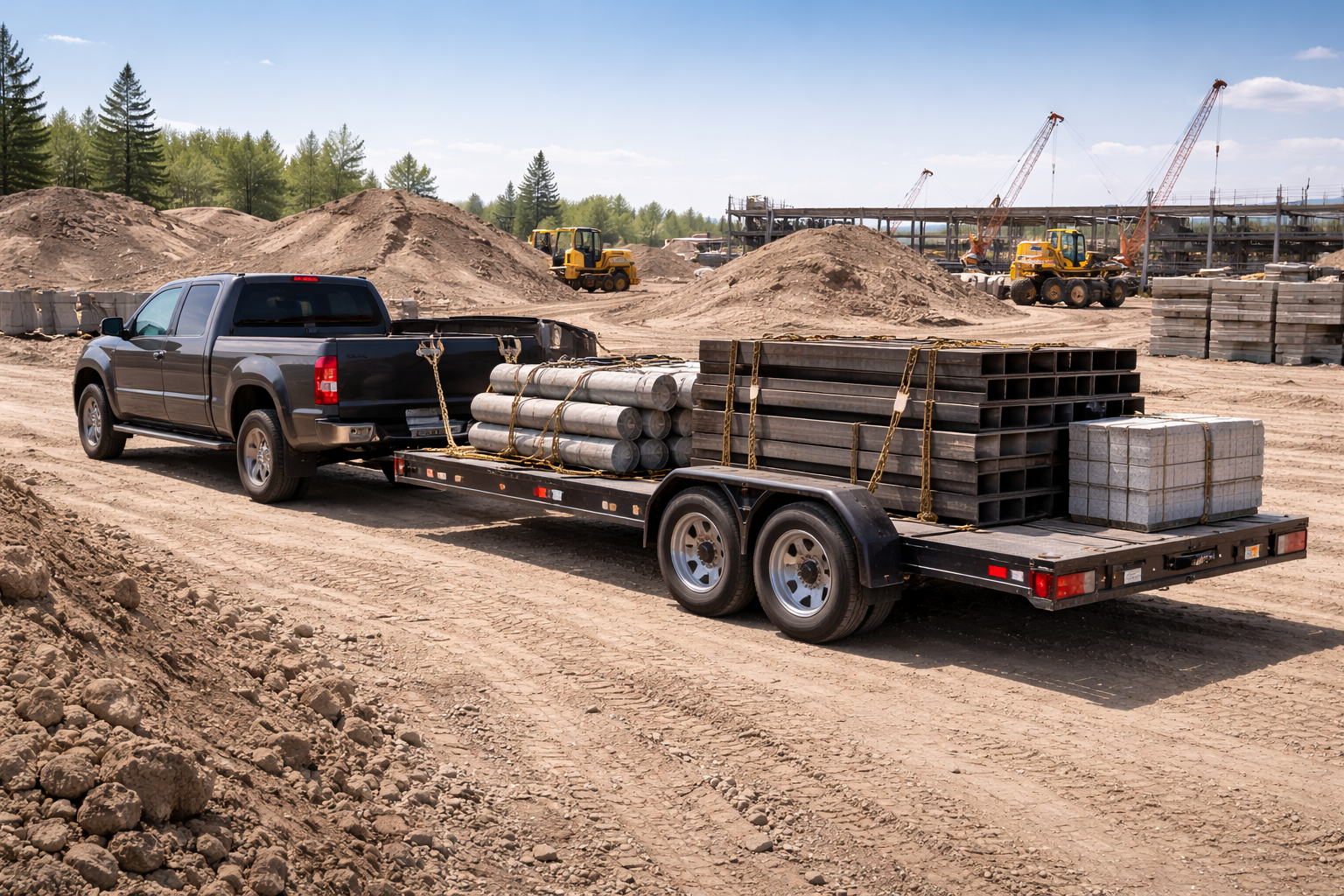 A dark pickup truck towing a flatbed trailer loaded with cylindrical pipes, metal pallets, and blocks on a dirt site.