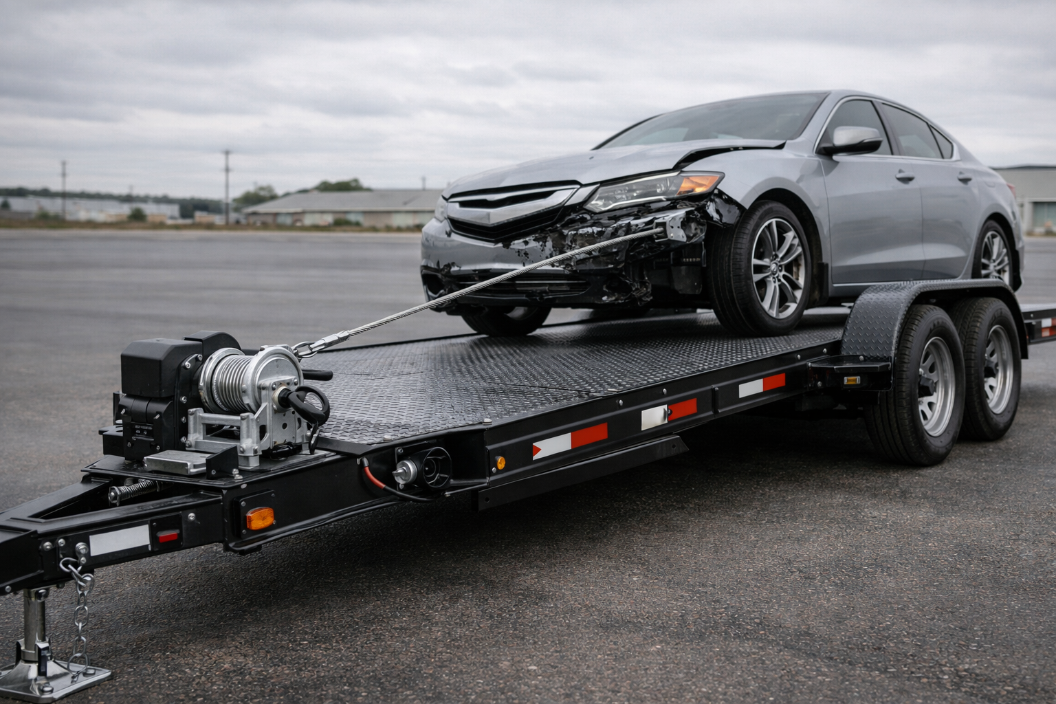A damaged silver sedan sits on a black flatbed car hauler trailer, tethered by a winch cable.