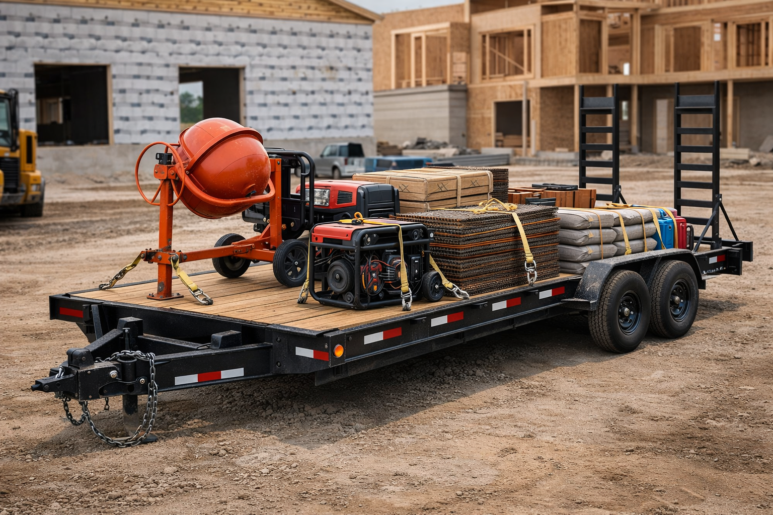 A black flatbed trailer loaded with a concrete mixer, generator, and construction supplies at a building site.