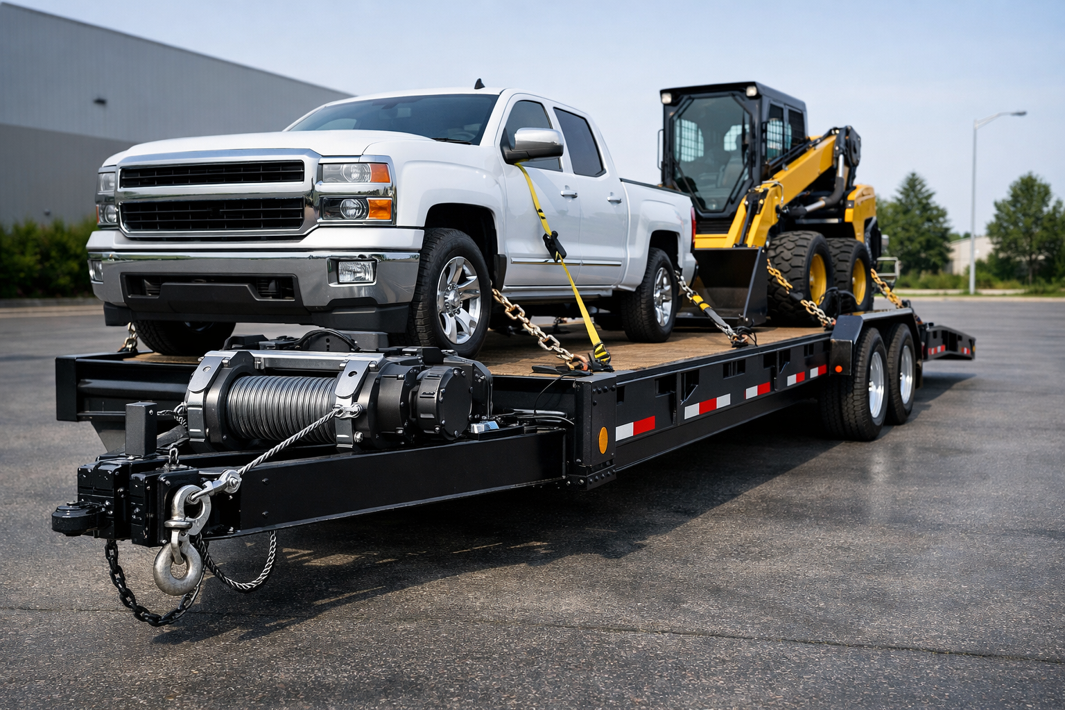 A white pickup truck and a yellow skid-steer loader are secured on a black flatbed trailer in an outdoor parking lot.