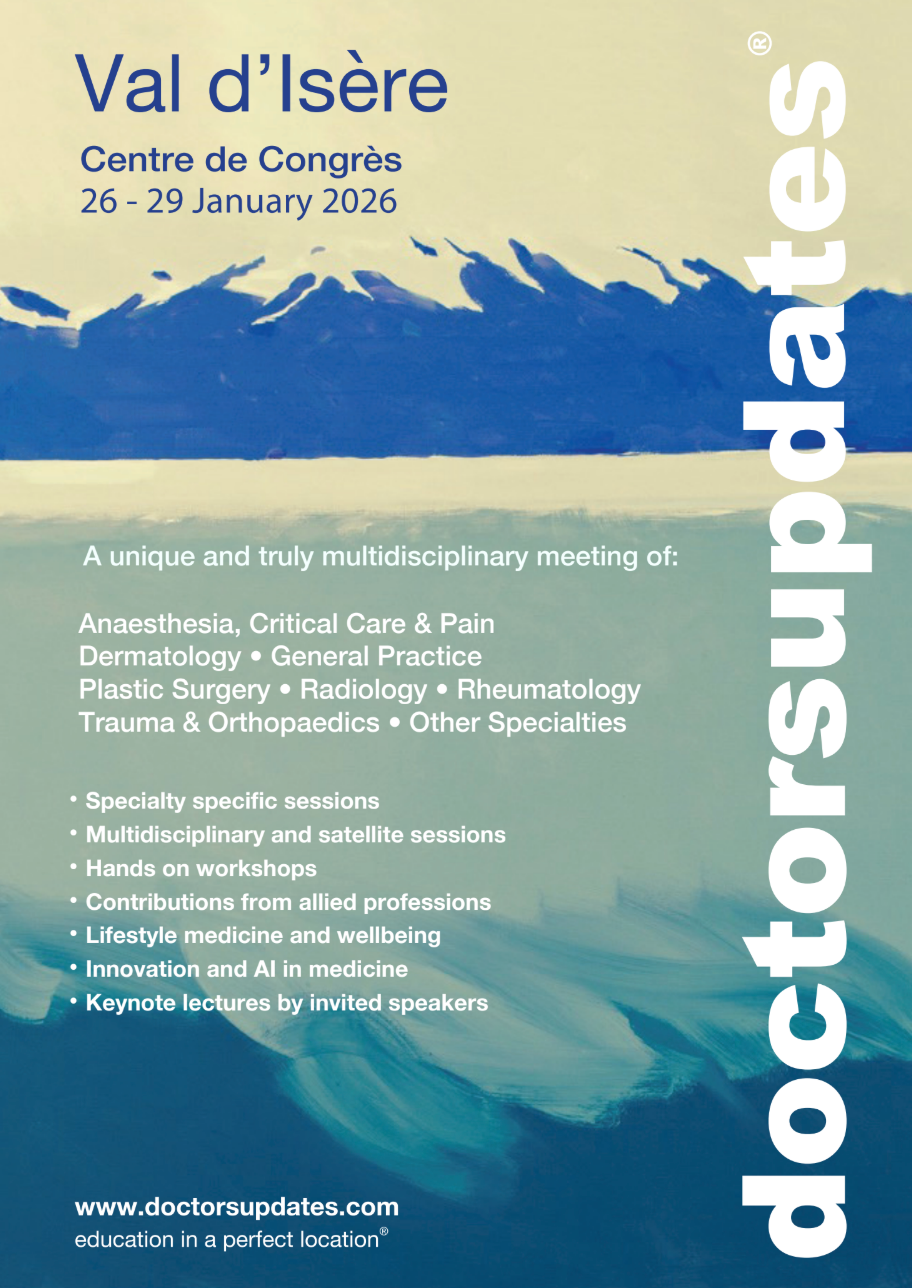 Poster for Val d'Isère medical conference in January 2026. Features snow-capped mountains and a logo.