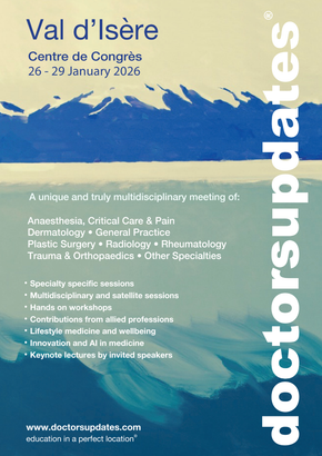 Poster for Val d'Isère medical conference in January 2026. Features snow-capped mountains and a logo.