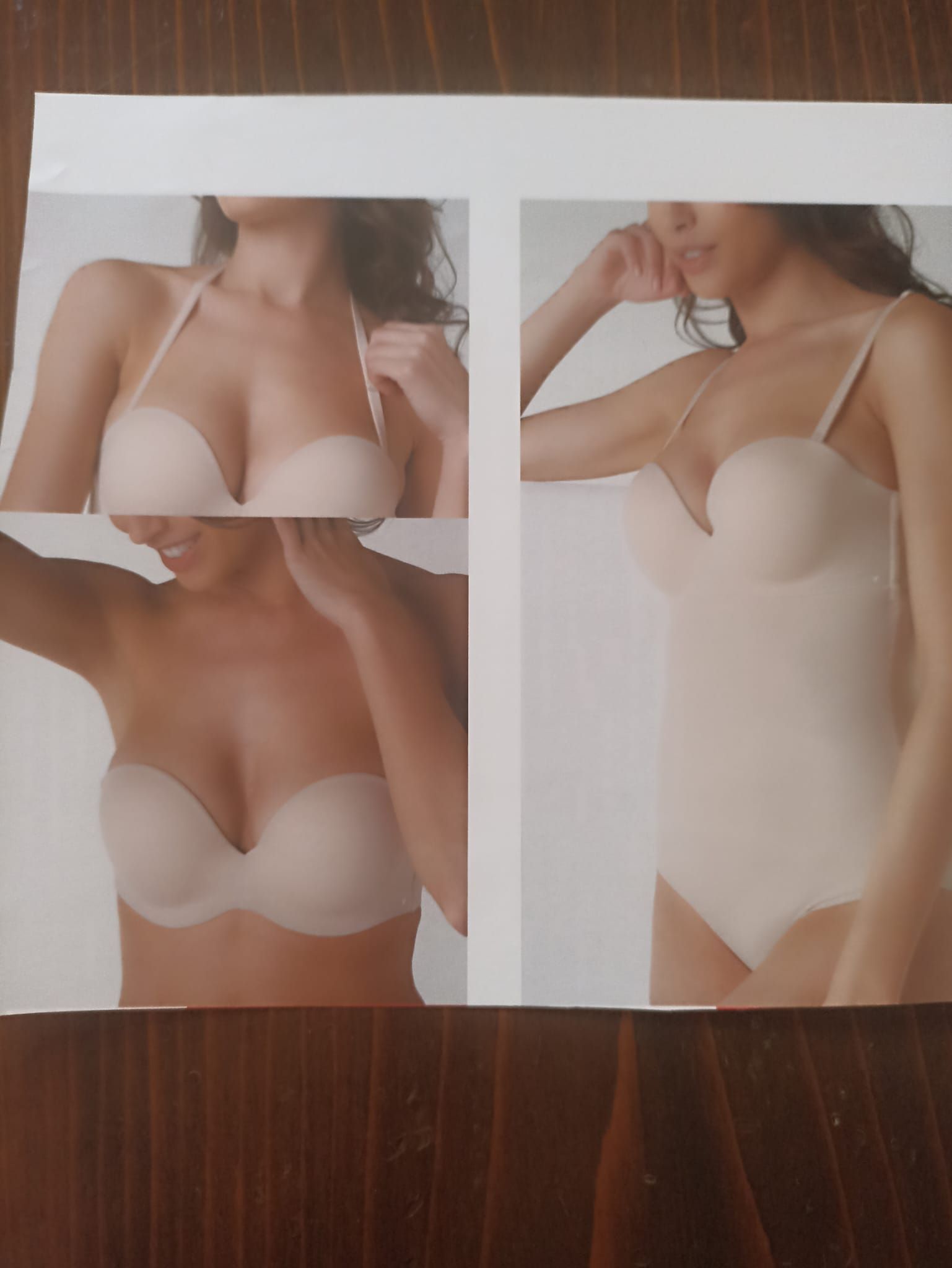 Un collage che mostra reggiseni senza spalline e body, tutti in beige chiaro, indossati da donne.