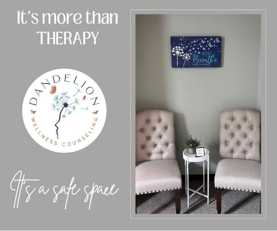 Logo and waiting area: Dandelion Wellness Counseling. Two tufted chairs face each other, small table,