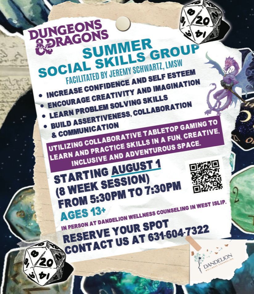 A poster for a dungeons and dragons spring social skills group