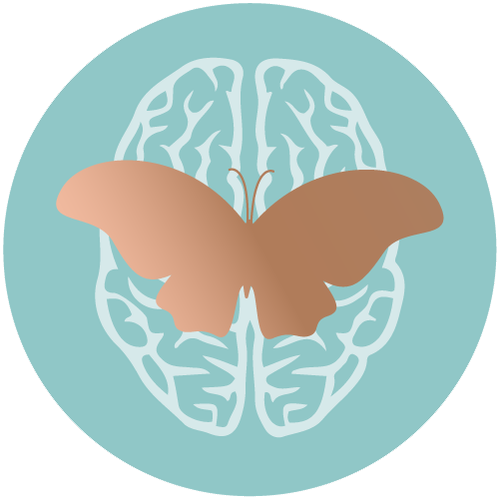 A butterfly is sitting on top of a brain in a circle.