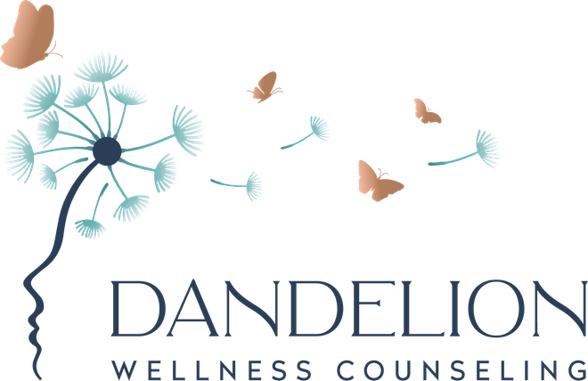The logo for dandelion wellness counseling shows a dandelion with butterflies flying around it.