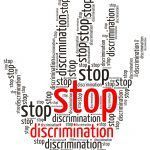 Stop Discrimination word cloud in the shape of a palm, isolated