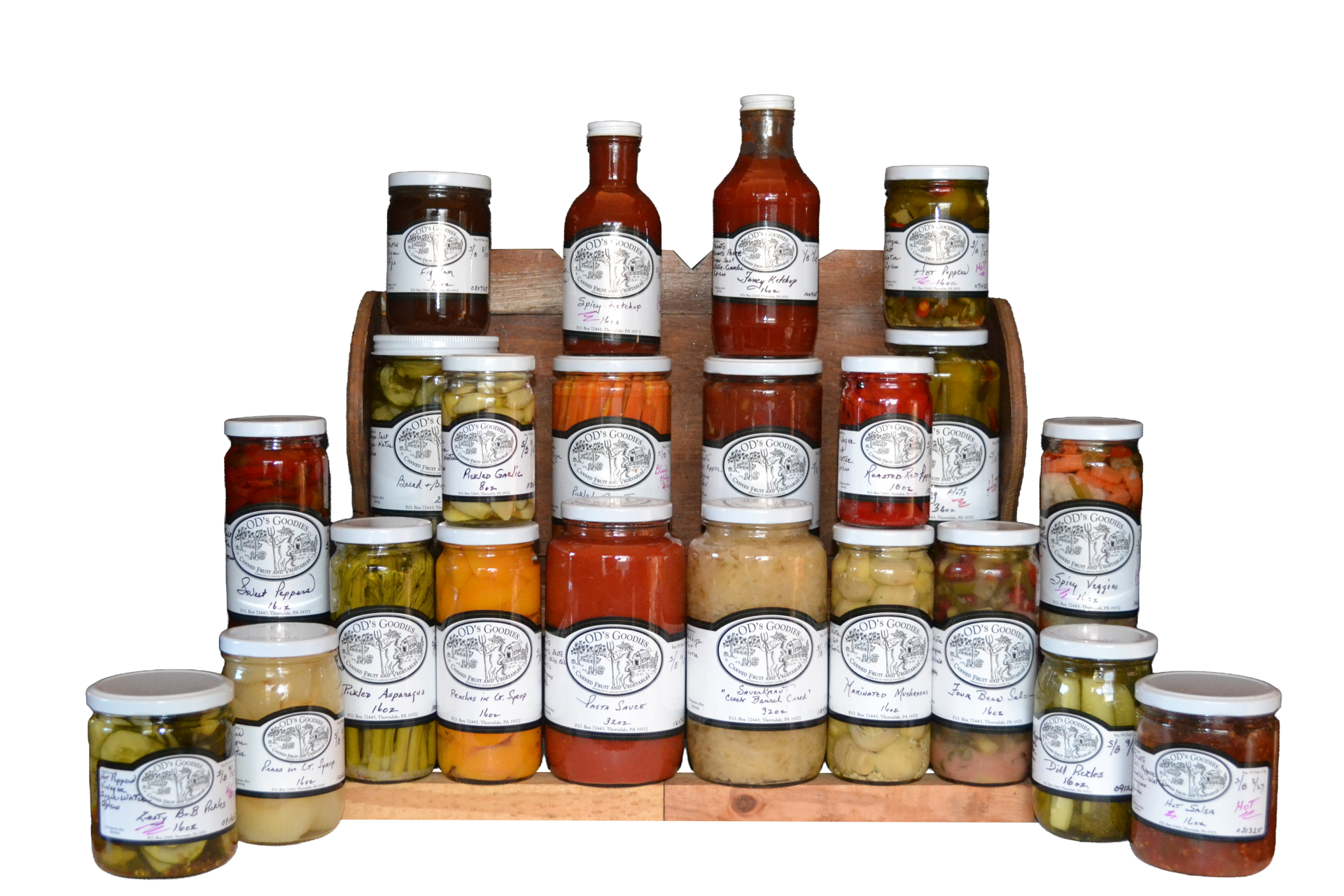 Assortment of canned goods, including sauces, pickles, and preserves, displayed on wooden shelves.