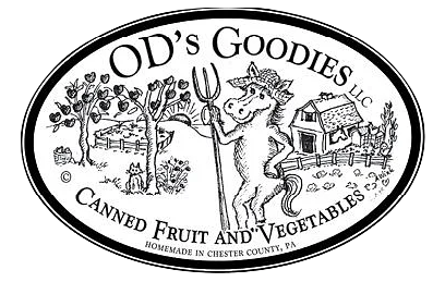 OD's Goodies logo: Horse with pitchfork, farm scene, canned fruit & vegetables.
