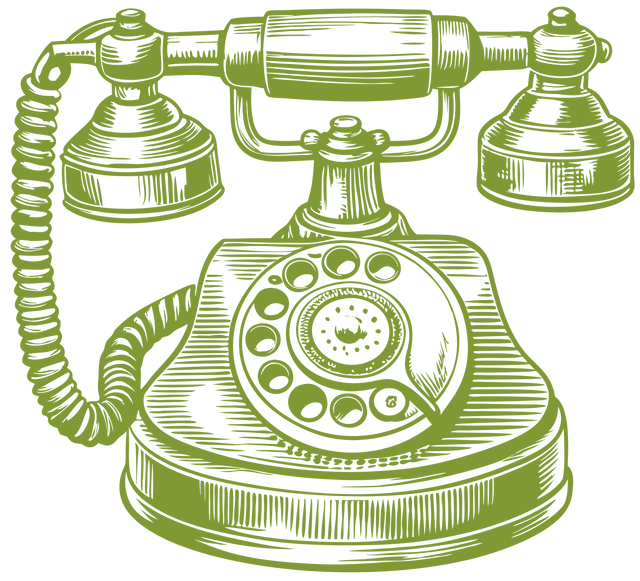 Green illustration of a vintage rotary dial telephone.