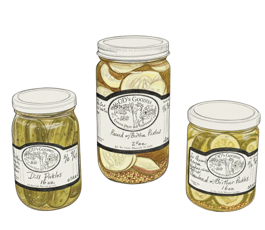 Three glass jars of pickles with white lids and labels.