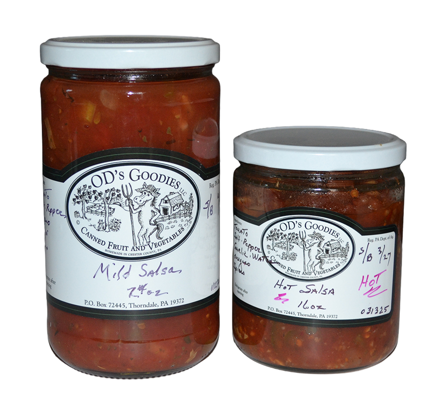 Two jars of OD's Goodies salsa: Mild (25 oz) and Hot (16 oz). Labels on jars.