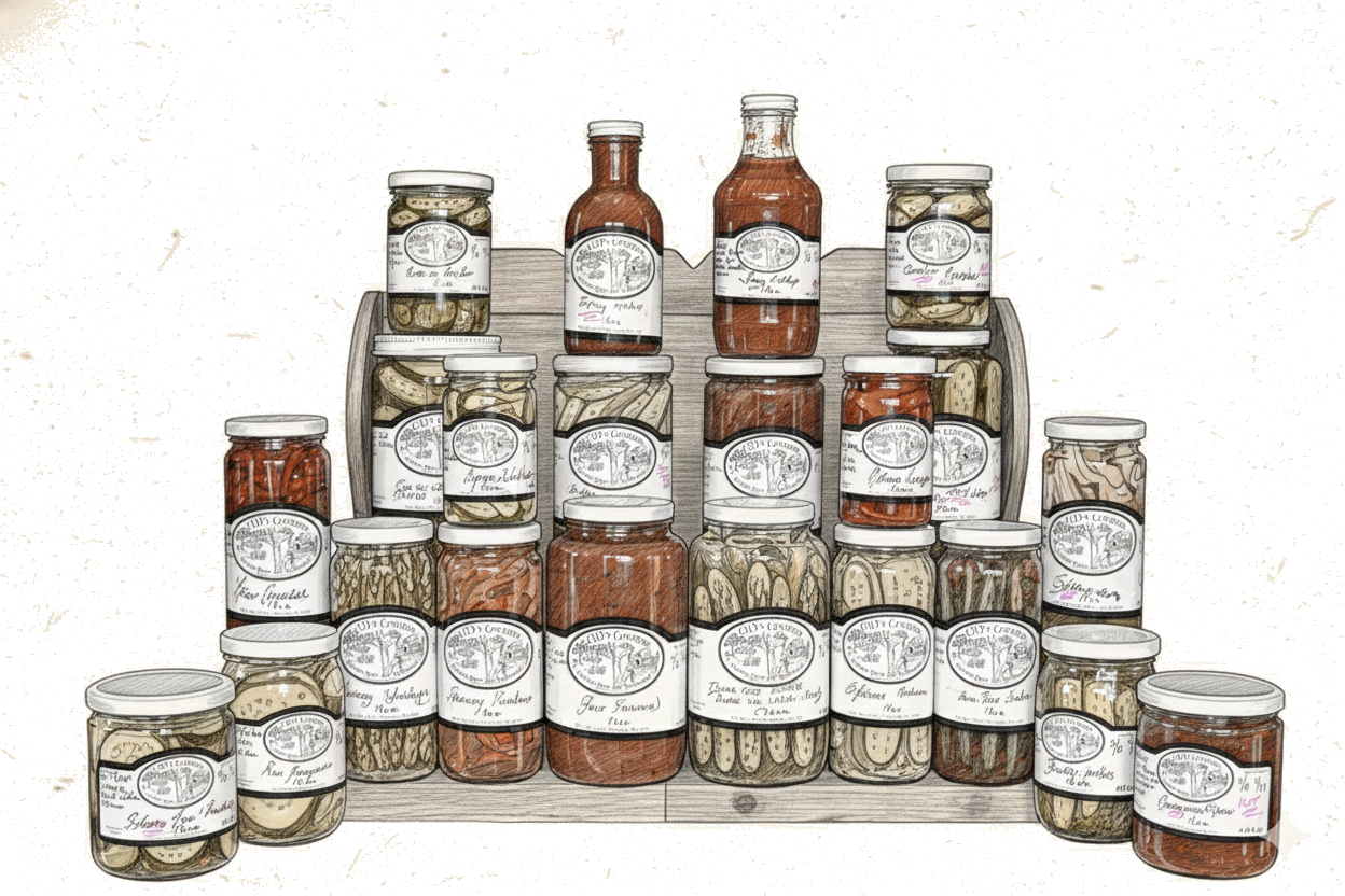 Display of assorted pickled goods in jars on a wooden shelf, with labels.