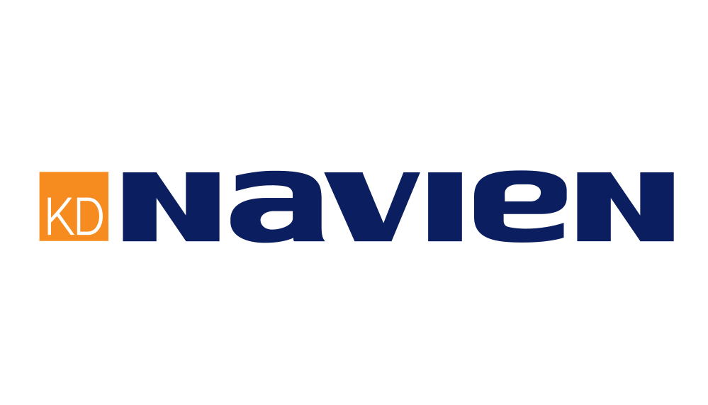 The logo for kd navien is blue and orange on a white background.