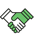 A green and white handshake icon on a white background.