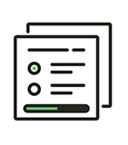 A line drawing of a stack of papers with a green loading bar.