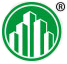 A green and white logo with buildings in a circle.