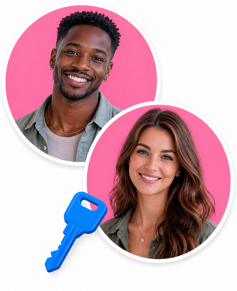 Two smiling profile photos on pink circles with a blue key in front