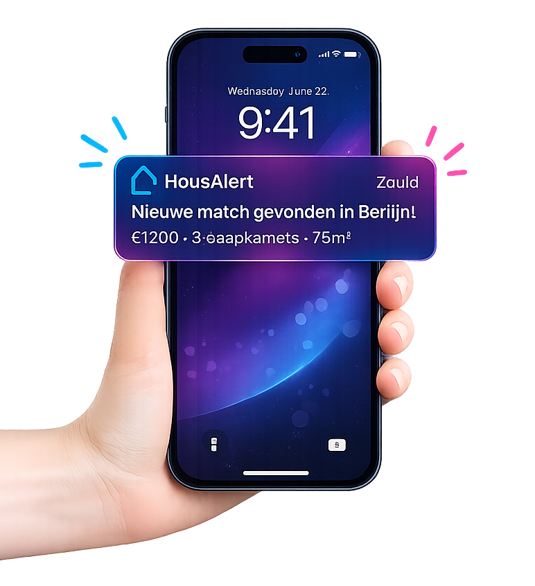 Hand holding a smartphone showing a HouzAlert home notification in Dutch on a blue-purple screen