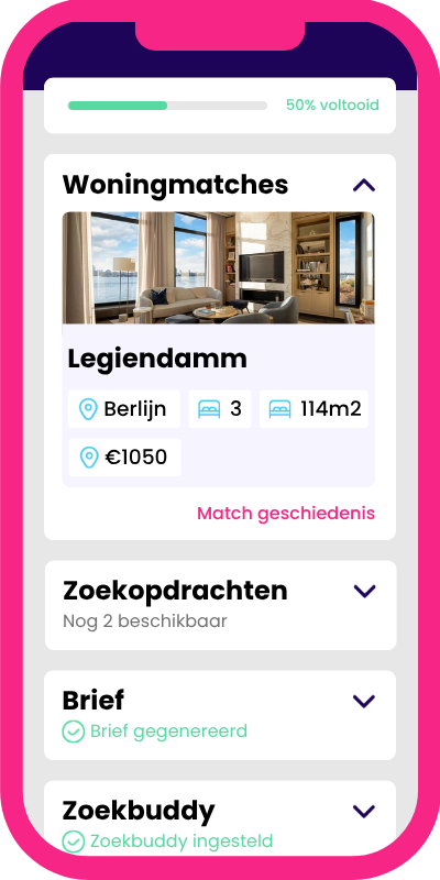 Mobile app screen showing a “Woningmatches” listing card for “Legiendam” with room photo and details.