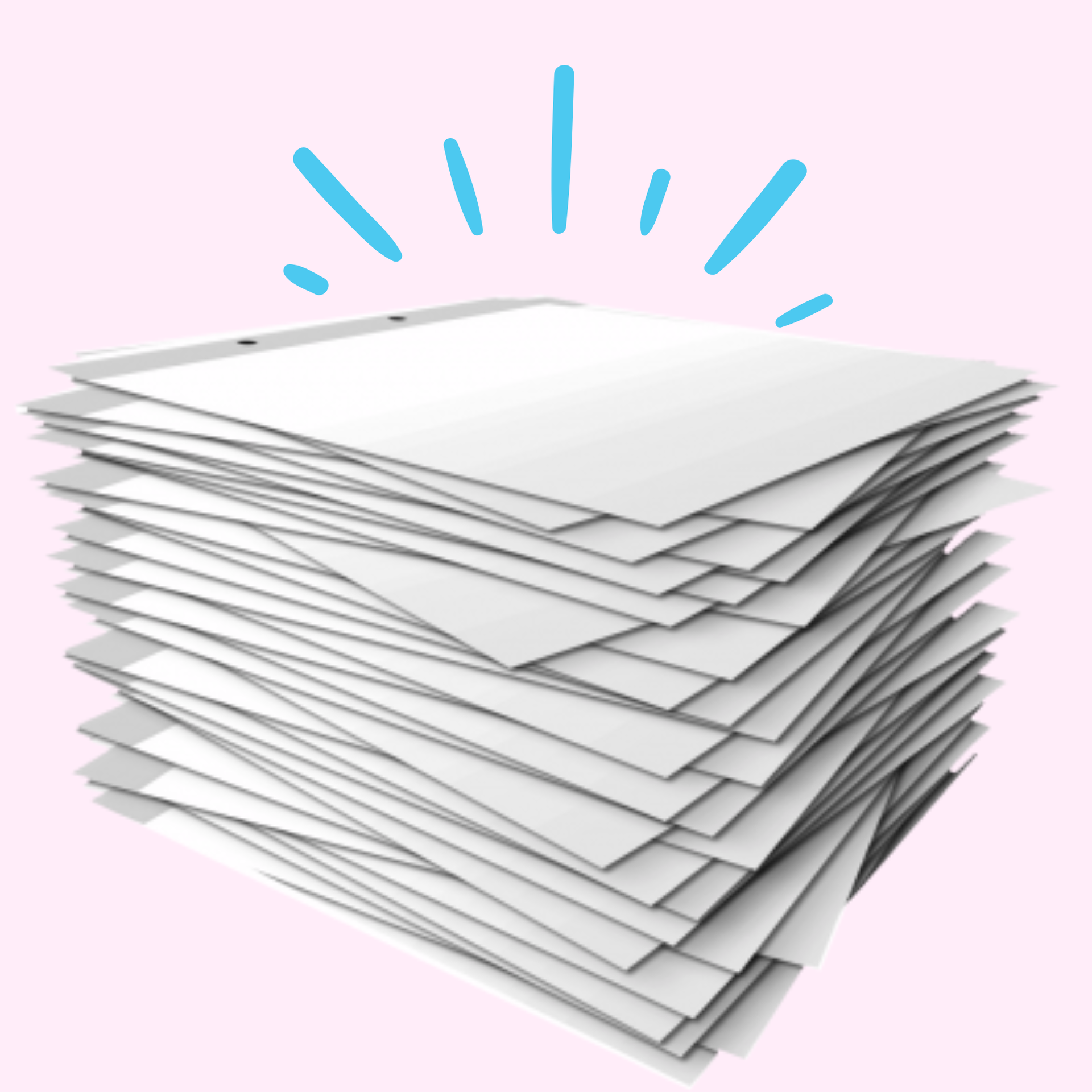 Stack of white paper sheets with blue highlight marks above it