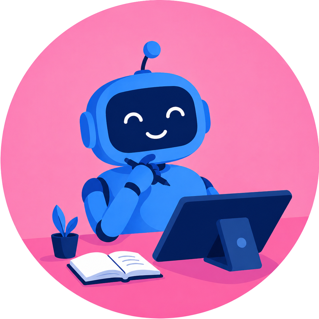 Blue robot at a desk with laptop and open book on a pink background, smiling while studying
